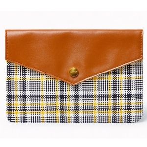 Ipsy Makeup bag wallet yellow brown white plaid preppy coastal fall fashion